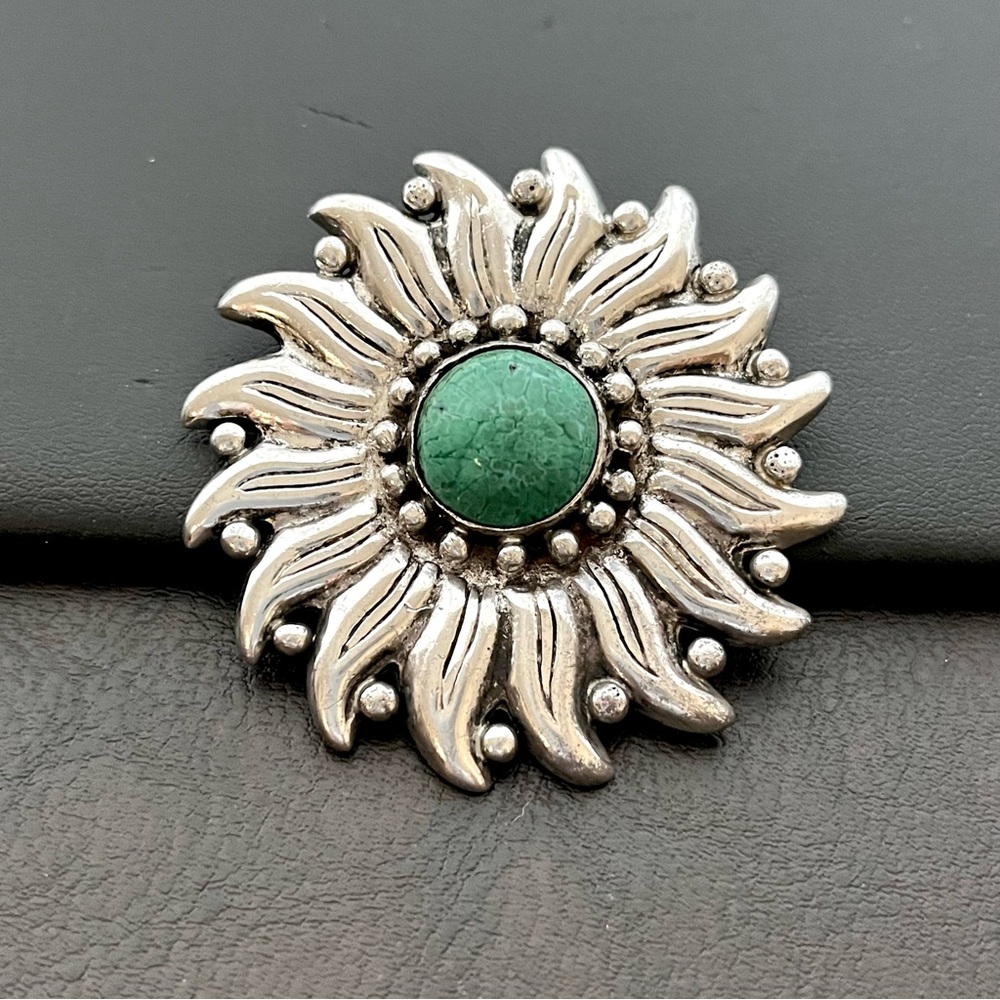 Hector Aguilar RARE vintage 940 sterling silver and malachite sun brooch - Picture 2 of 8
